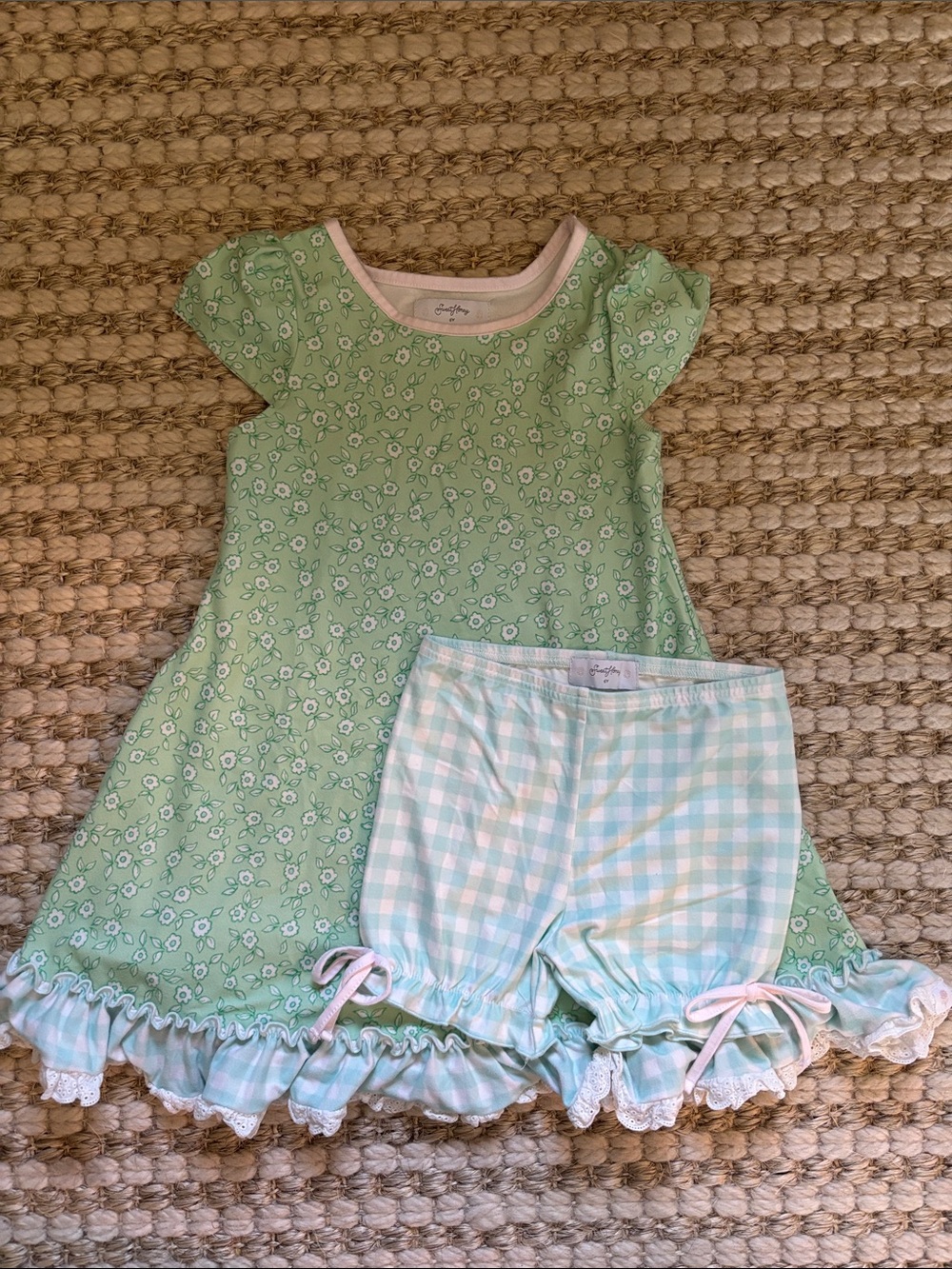SweetHoney Mint Green Floral Nightgown with Pastel Gingham Shorts